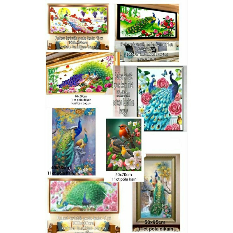 paket kristik 11ct pola dikain pemandangan  bunga burung peacook peony