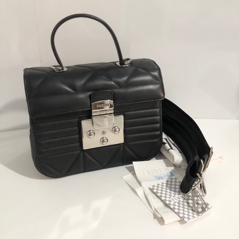 HRG NETT preloved authentic furla fortuna top handle leather bag sling crossbody black silver metrop