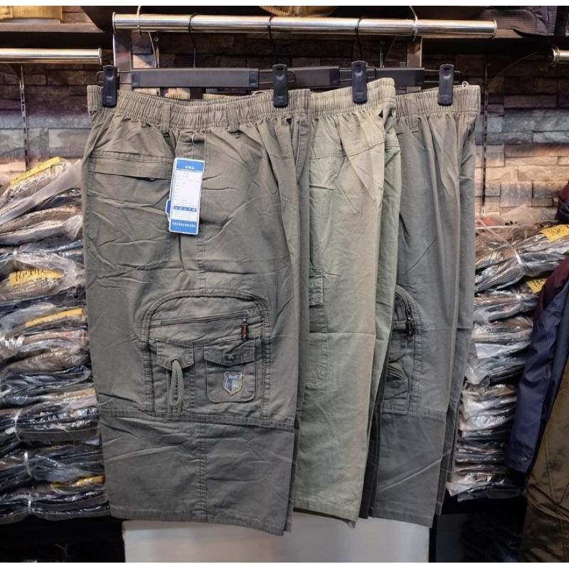 Celana pendek pria 7/8 kantong banyak/celana pendek 7/8 katun pinggang karet/celana pendek pria carg