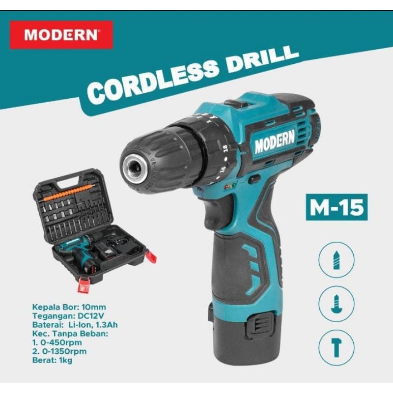 MESIN BOR CES CORDLES BATERAI M15 SET BETON / CAS / CORDLESS IMPACT DRILL SET MODERN M-15 / M15