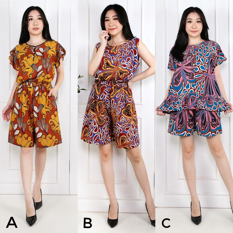 Set Piyama Baju Tidur Wanita Batik Stelan Lengan Pendek/Buntung
