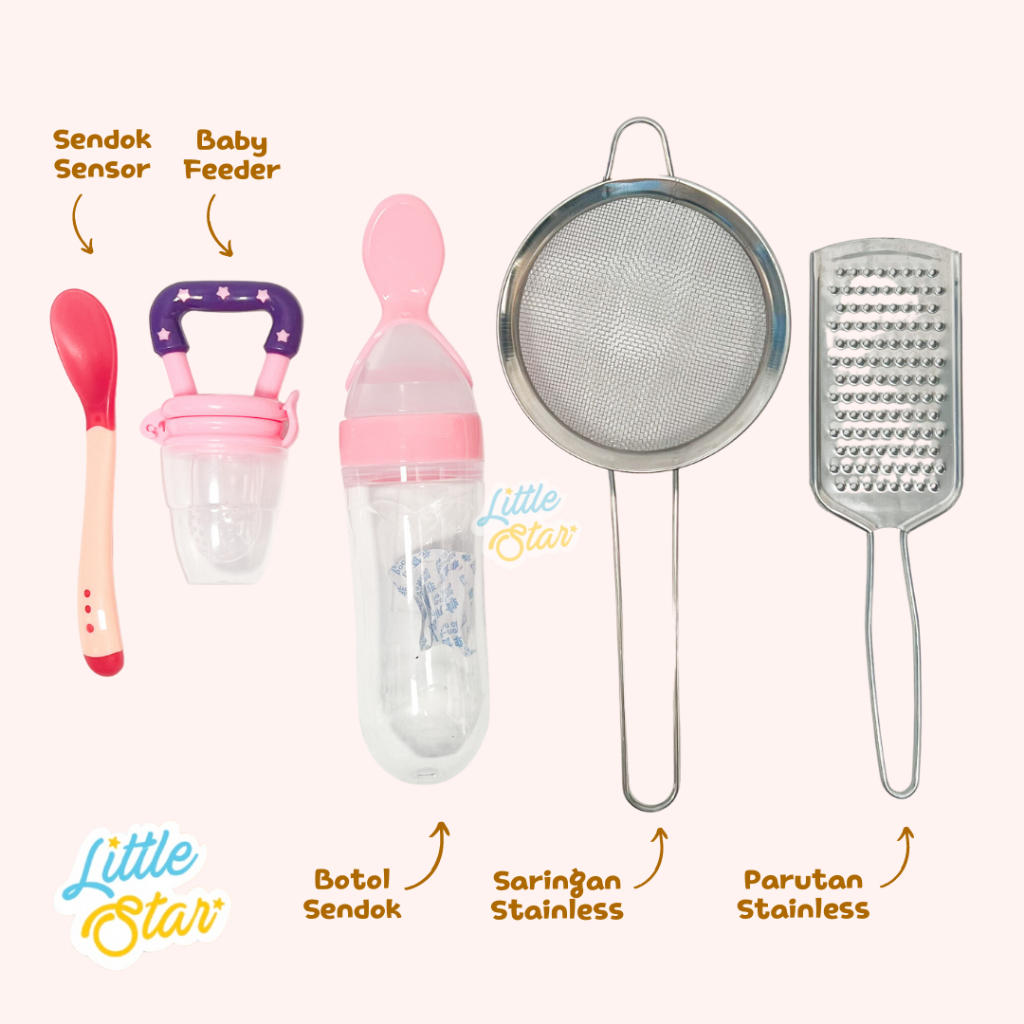 Ls 5In1 Paket Perlengkapan Makan Bayi Mpasi Set Baby Food Maker Strainer Saringan Sendok Botol Sensor Silicone Baby Feeder Empeng Buah