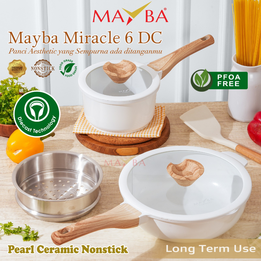 Panci Set Mayba Miracle 5 - 3 PCS BONUS STEAMER | Wajan Sauce Wok Pan Ceramik pearl German kualitas 