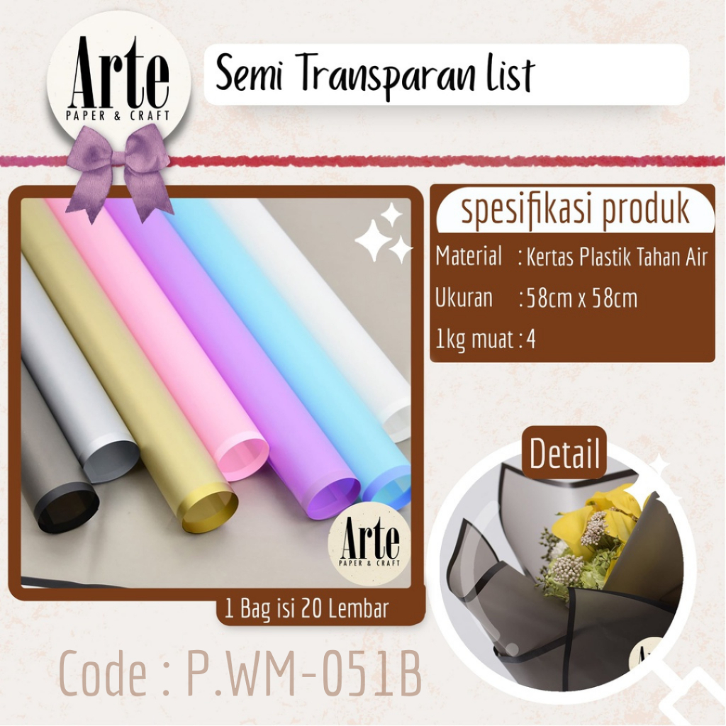 

20 Lembar Semi Transparan List Kertas Buket Korea Bunga Cellophane Coloured Semi Flower Wrapping Paper Kado Arte Grosir Jakarta P.WM-051B
