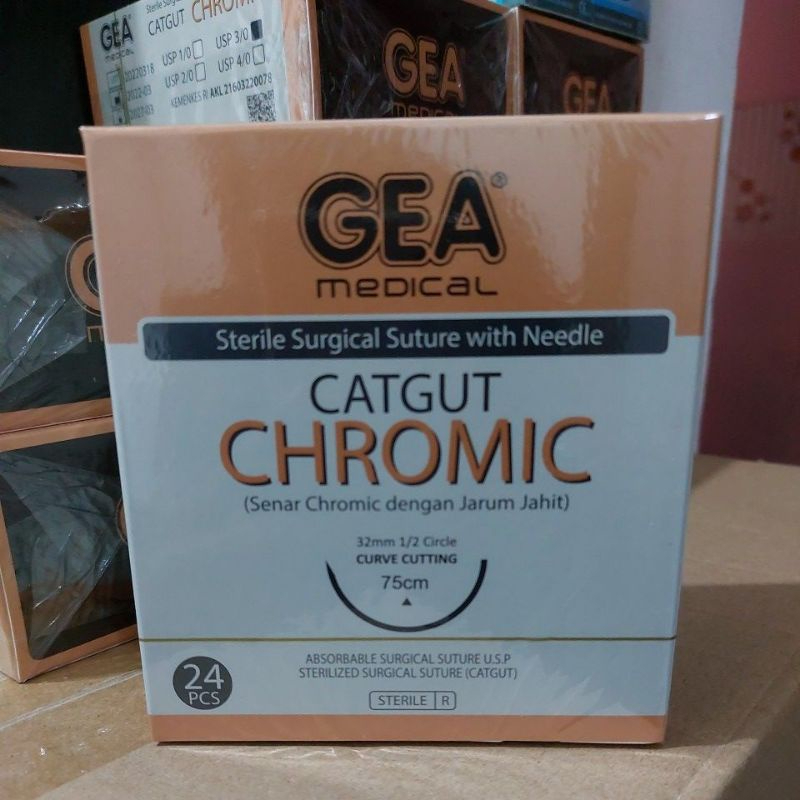 GEA Benang Catgut Chromic 1/0 2/0 3/0 With Needle isi 24 pcs