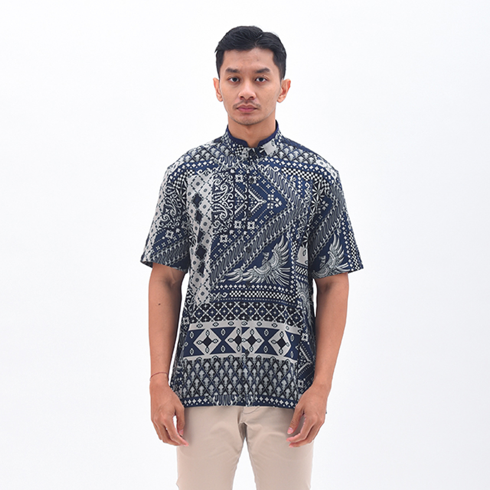 MANZONE Kemeja Batik Shanghai Lengan Pendek  AKHILENDRA - NAVY
