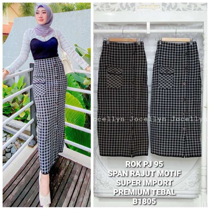 bestseller rok span rajut motif kotak import aplikasi kancing//rok wanita premium import