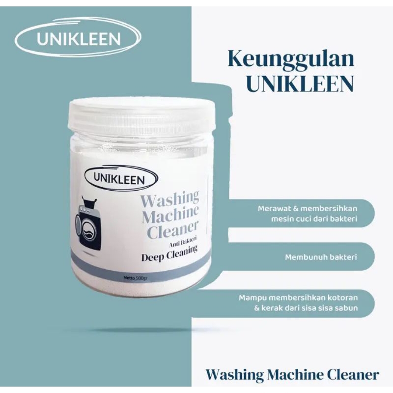 UNIKLEEN / pembersih mesin cuci / washing machine cleaner / deterjen mesin cuci / anti bakteri / kuman / kotoran membandel / bukaan depan / atas / otomatis / manual / serbuk ajaib / detergent / perlengkapan laundry / sumbatan / bubuk mesin cuci 500gr