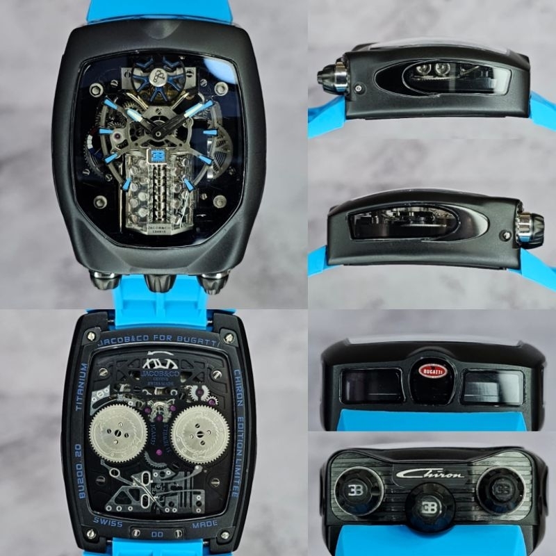 Jam tangan Swiss Pria JACOB & CO Bugatti Chiron Blue Rubber Automatic Decorated with Winder display 