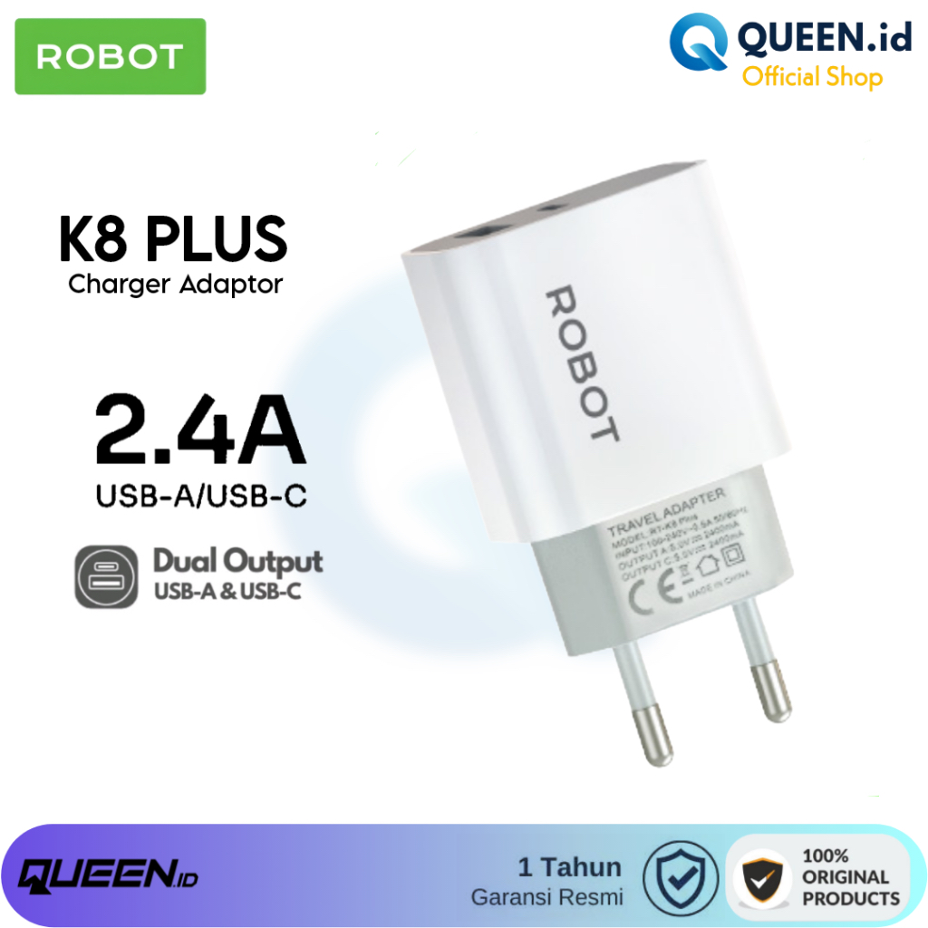 ROBOT RT-K8 PLUS Charger Adaptor 2.4A Dual Port Output USB - TYPE C