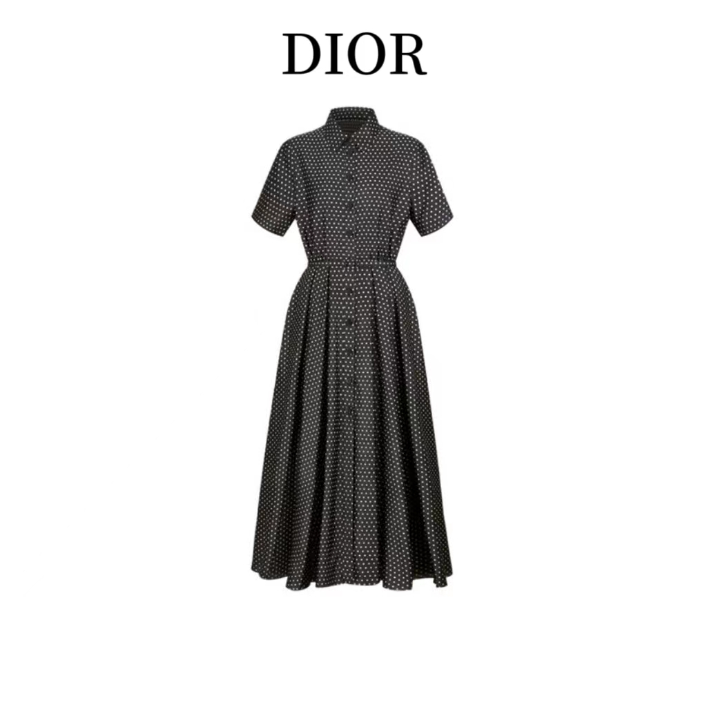 Dior 23 Early Spring New French Vintage Dotted Silk Tunic Shirt Short Sleeve Dress for Women