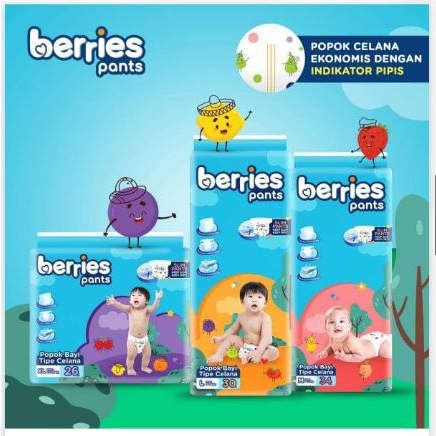 BERRIES POPOK BABY BERRIES PANTS / TIPE CELANA M34 / L30 / XL26 popok bayi murah popok celana
