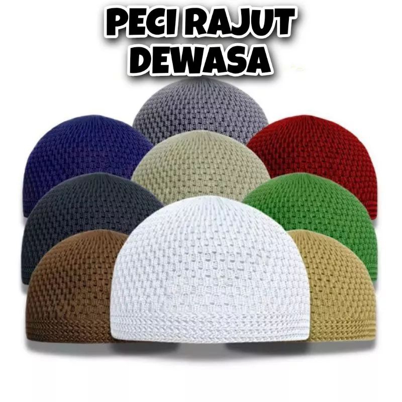 Peci Rajut Dewasa / Peci Haji / Peci Rajut Putih / Kopiah Rajut / Peci Rajut Polos Tebal Elastis