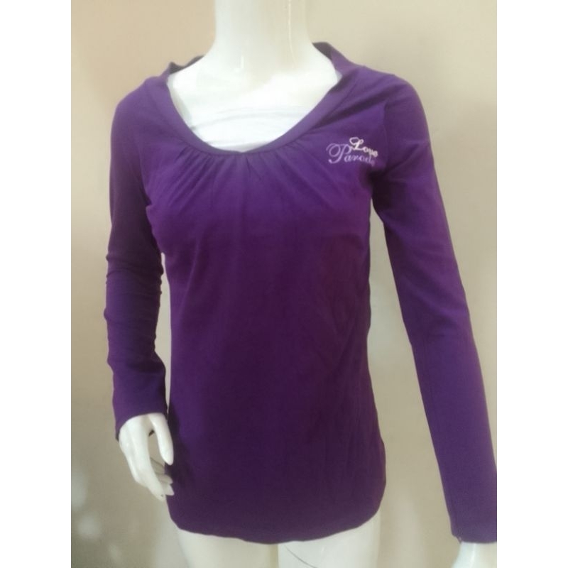 Blus atasan kaos wanita ungu putih polos purple white Belle jeans