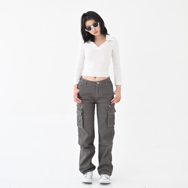 [LUNADEDOVE] L6 / GREY BAGGY PANTS - Celana Baggy Jeans Wanita Coklat Tua Button Pocket Details