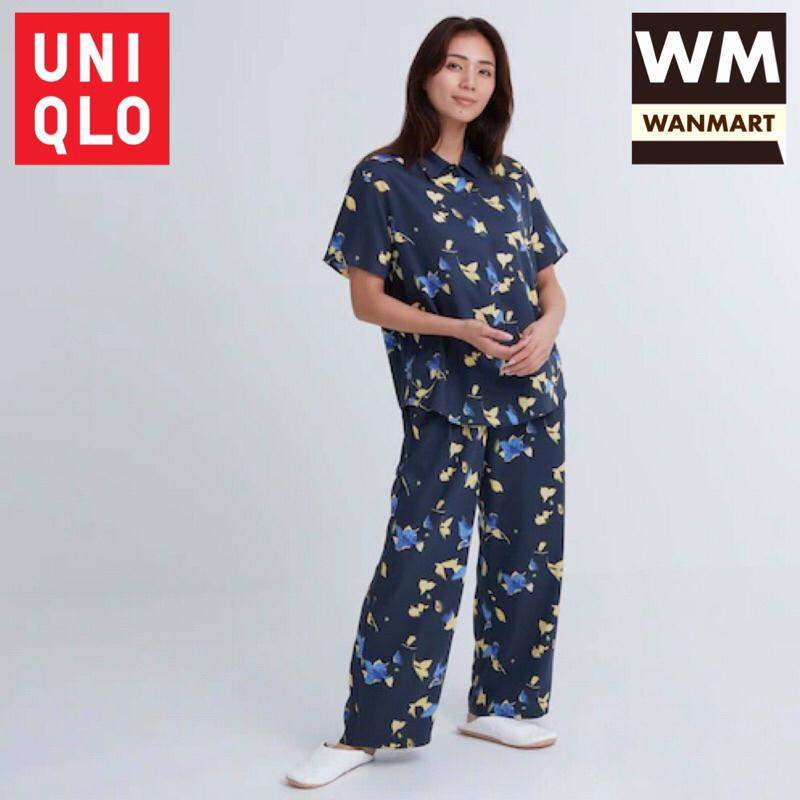UNIQLO Women Set Pajamas Setelan Piyama Satin Wanita Lengan Pendek Navy