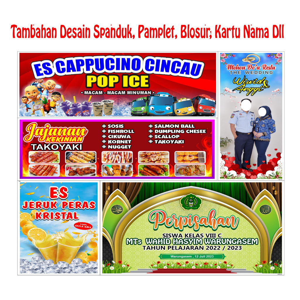 

tambahan desain spanduk, pamplet, blosur, kartu nama dll