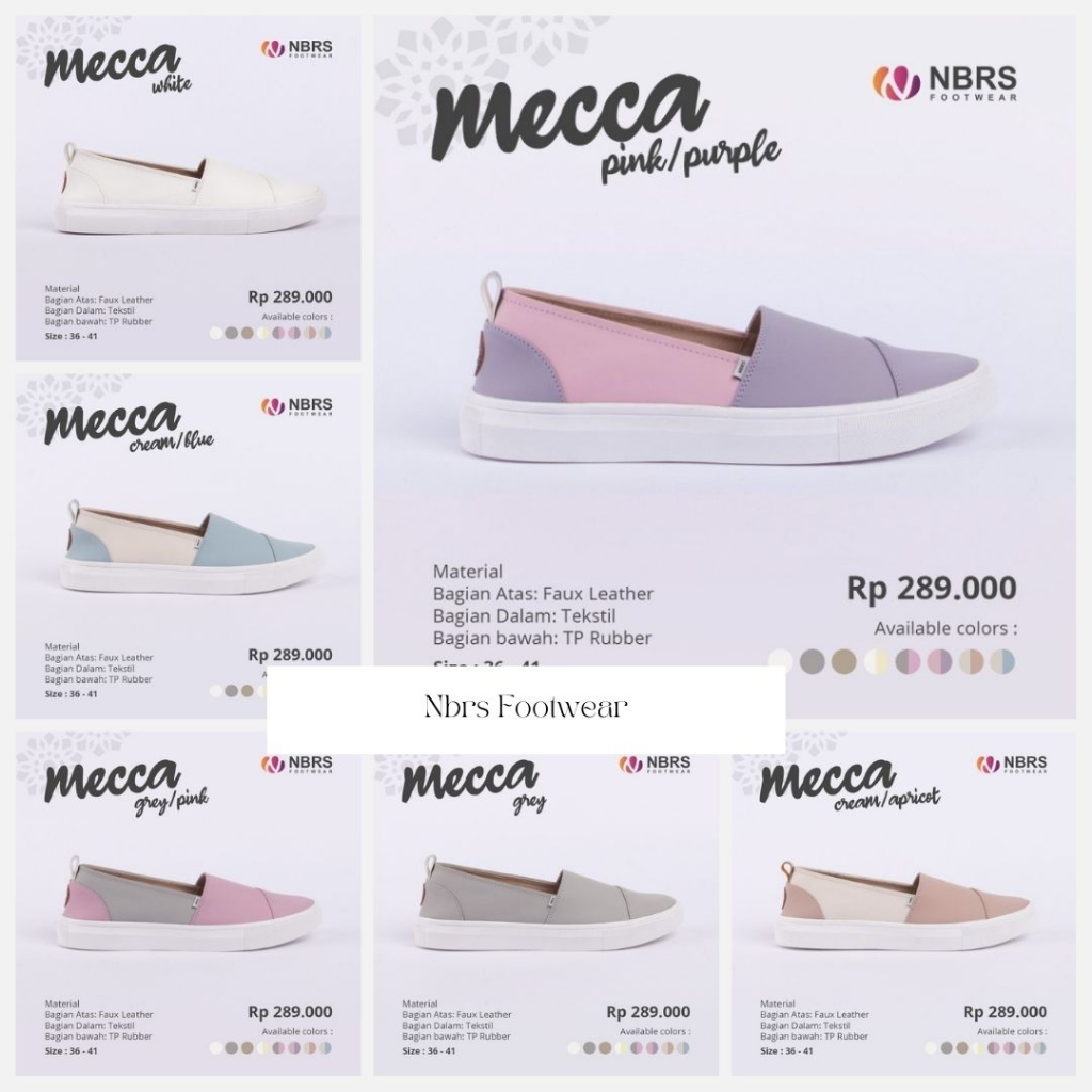 SEPATU NIBRAS MECCA CREAM BLUE GREY PINK PURPLE WHITE PUTIH ABU UNGU SIZE 37 38 39 NBRS FOOTWEAR FLA