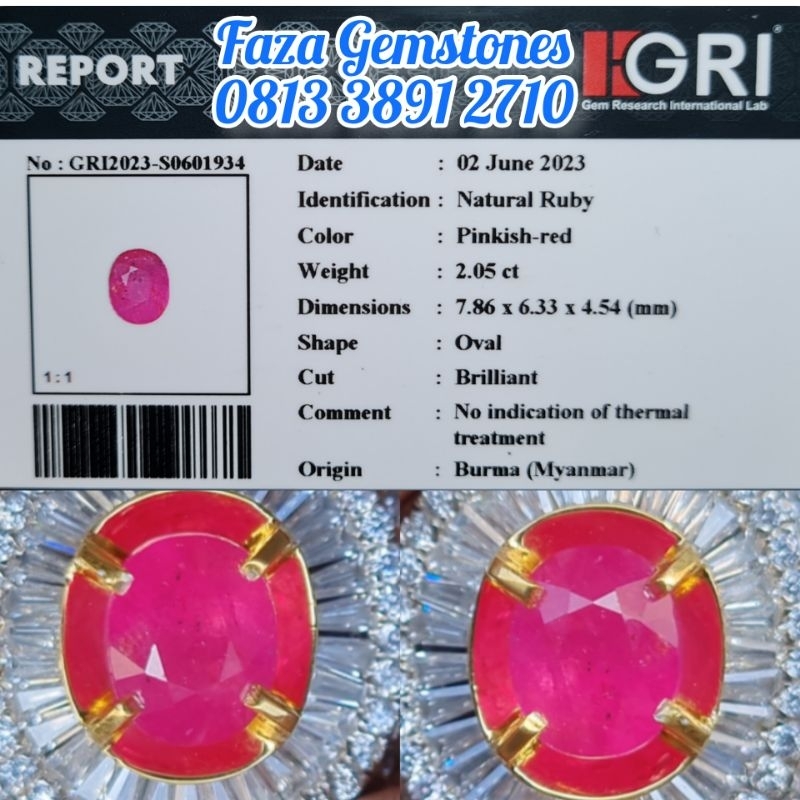 Unheated Ruby Burma ~2.05ct ~Memo GRI ~cukup kristal, warna solid