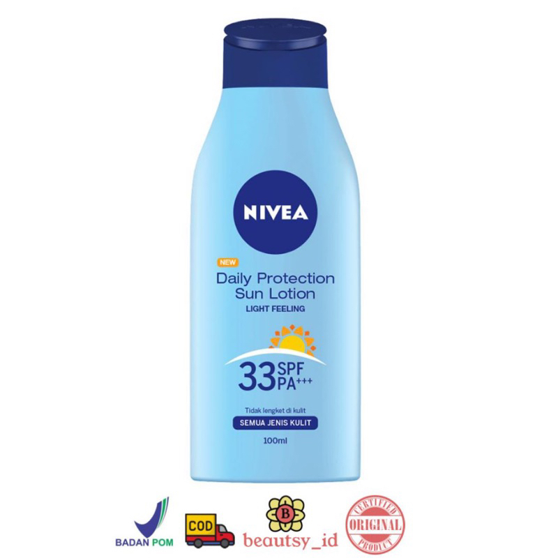 Nivea Daily Protection Sun Lotion SPF 33 PA+++ 100ml - Sunscreen Badan Tidak Lengket Anak Dewasa Ori