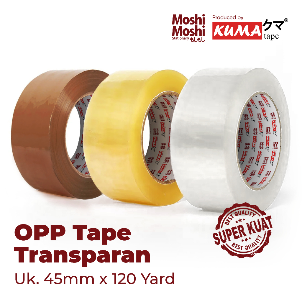 

Lakban Moshi Kuma 2 inch 120 Yard Bening Transparan Isolasi Tape Perekat Kuat