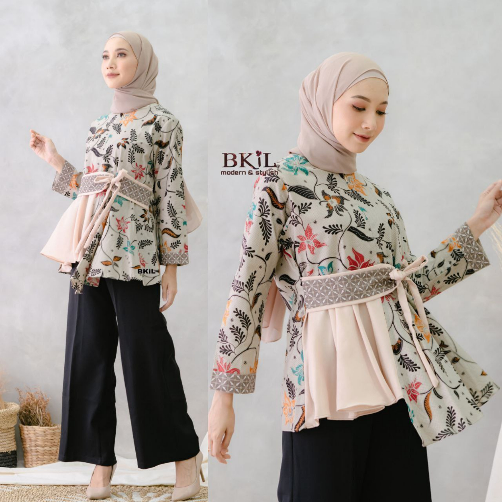Baju Batik Wanita Modern Kantor Elegan Lengan Panjang Resleting Depan Tali Pinggang Ld 110 Kombinasi