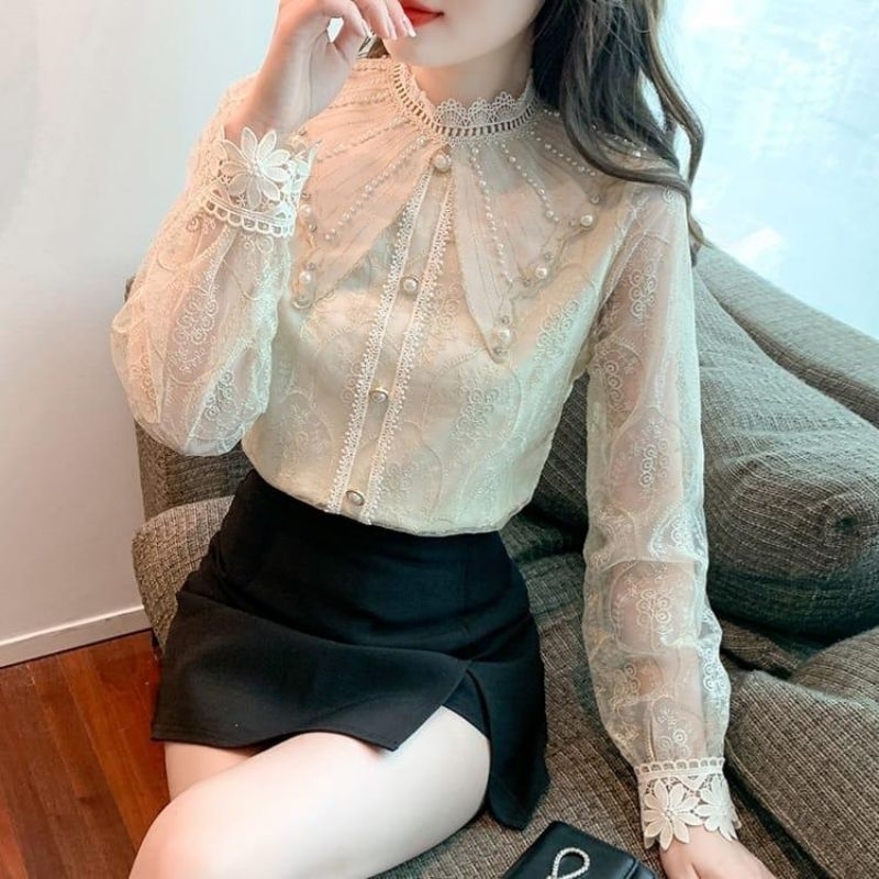 2887 Baju atasan blouse LACE EMBROIDERED BORDIR top lengan panjang brokat Korea Korean style wanita 