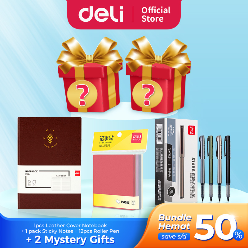 

Paket Alat Tulis Lengkap Berhadiah / Notebook Cover Kulit, 1 Lusin Roller Pen,Sticky Notes