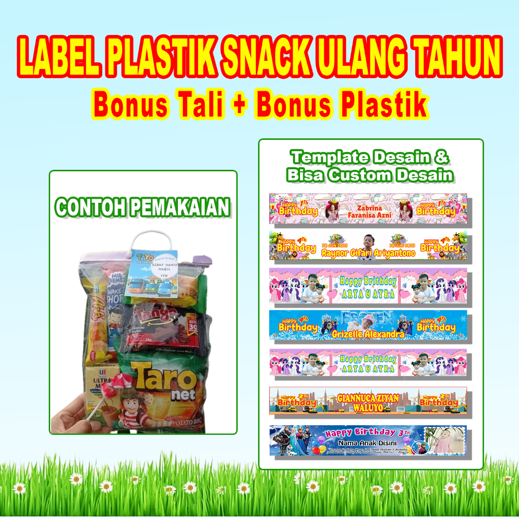 

(ISI 10) TAS ULANG TAHUN PLASTIK / TAS LABEL SNACK TEBAL - Tas ultah plastik snack - Free desain - Untuk pesta ulang tahun - Bisa Custom Desain