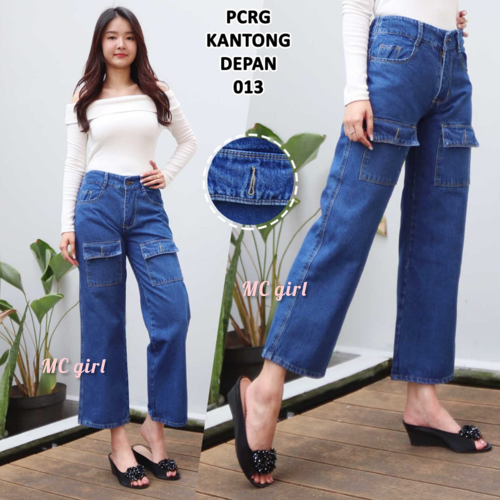 MC girl - Celana Jeans Kulot Cargo Pinggang Karet Kantong Depan Warna Biru Tua Wanita / Kulot Boyfri