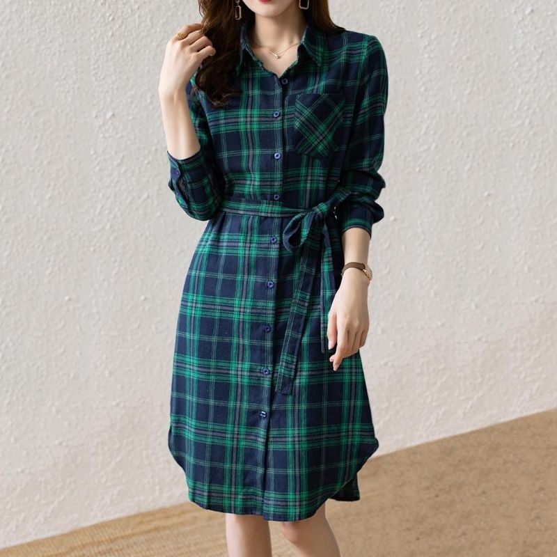 54120 Fashion Midi dres dress lengan panjang kotak hijau merah cantik manis mewah elegan gaya korea 