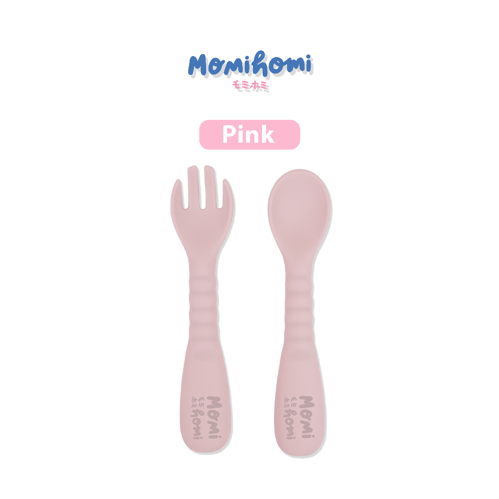 Momi Homi Sendok Silicone Peralatan Perlengkapan MPASI Makan Bayi 2in1 Garpu Dan Sendok BPA FREE Aman Untuk Anak Atau Bayi Sendok Silikon Set Isi 2pcs Baby Feeding Spoons Sillicone Food Grade Desain Unik Bahan Lembut Silicone Premium High Quality Silicon