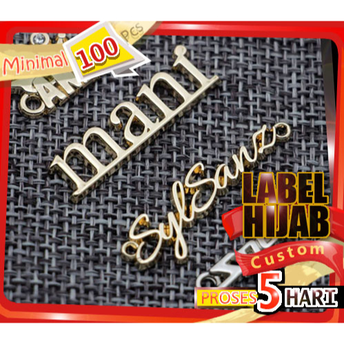 Jual label hijab custom unik bentuk custom bahan logam alloy anhas untuk aksesoris kerudung hijab di