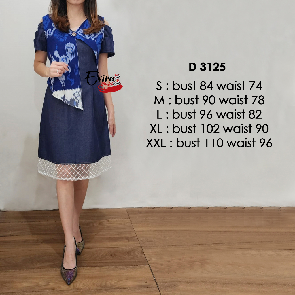 Dress Batik Dan Denim Wanita Modern D 3125 / Dress Batik Denim Keren / Dress Batik Denim / Dress Bat
