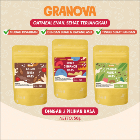 

Granova - Oat Siap Seduh / Instant Oatmeal 50gr (Cacao Berry, Pandan Arenga, Berry Cinnamon, Apple Cinnamon, Matcha Strawberry)