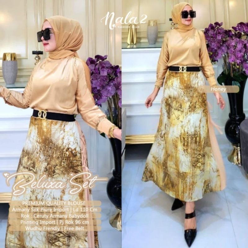 BELUXA SET/ SETELAN TUNIK MIDI POLOS ROK MOTIF ORI NALA
