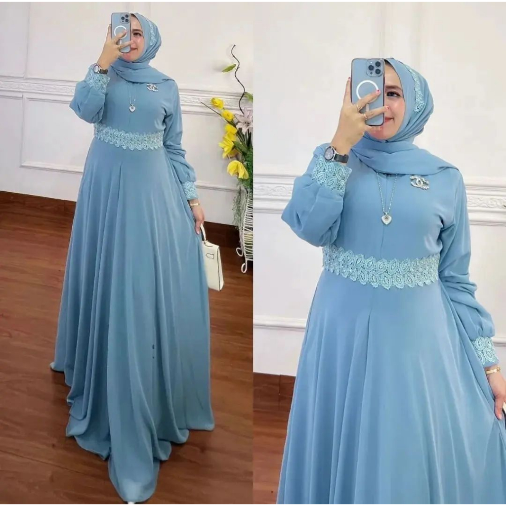 Nayla Set Pashmina l Gamis Muslim Wanita Kekinian 2in1 Matt Ceruty Babydoll l Dress Maxy Mix Renda Fashion Terlaris