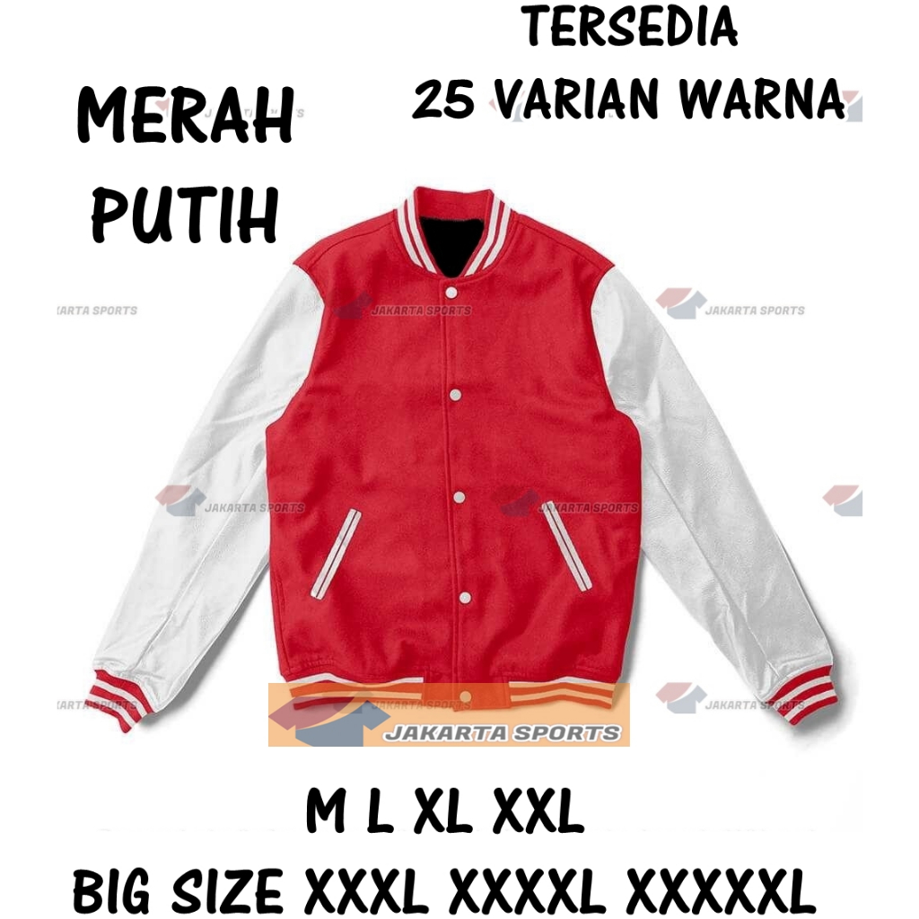 JAKET VARSITY MERAH LENGAN PUTIH BASEBALL PRIA WANITA MURAH JACKET