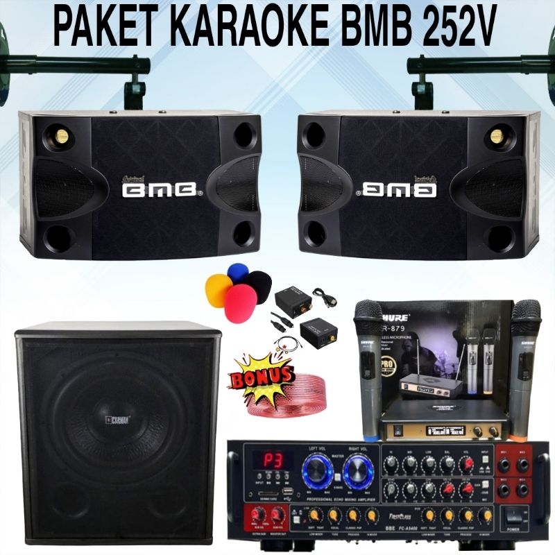 PAKET KARAOKE RUMAH 2 SPEAKER 8 INCH BMB CS 252V PAKET KARAOKE WITH 2 MIC WIRELESS DAN SUBWOOFER AKT