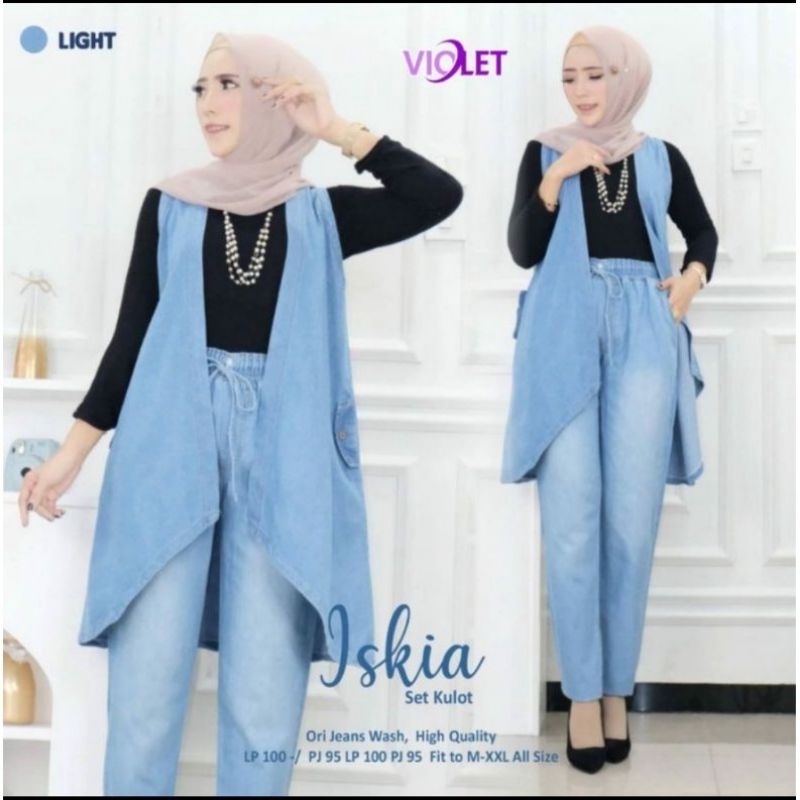 COD - One Set Kisia Set Jeans Terbaru / Baju Setelan Baju Dan Celana jins Wanita Modern / Set  Akses