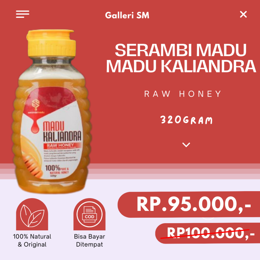 

Serambi Madu Kaliandra 320gr Raw Honey Dihasilkan Dari Nektar Bunga Kaliandra Pure & Natural Honey Madu Murni Asli