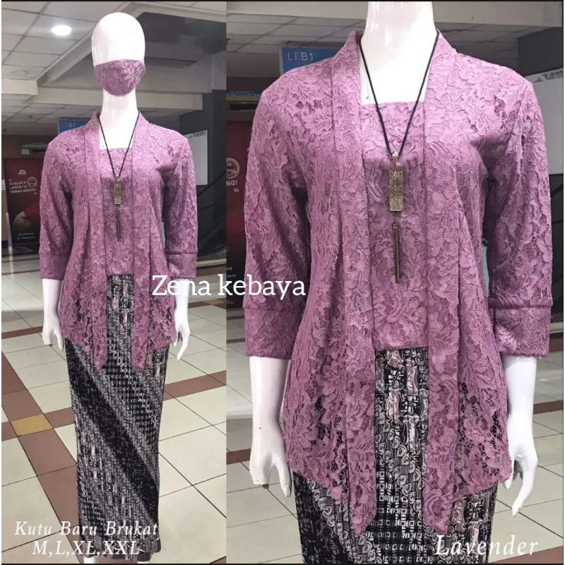 Setelan Baju Kebaya Kondangan Kutu Baru Brokat Modern ~ Set Pakaian Tradisional Lengan 7/8 Ungu Lave