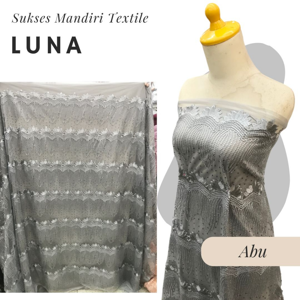 [LUNA] Brokat sulam 3D permata abu silver | Harga ½ meter = 50 cm (Bahan Dress Bridesmaid, Kondangan