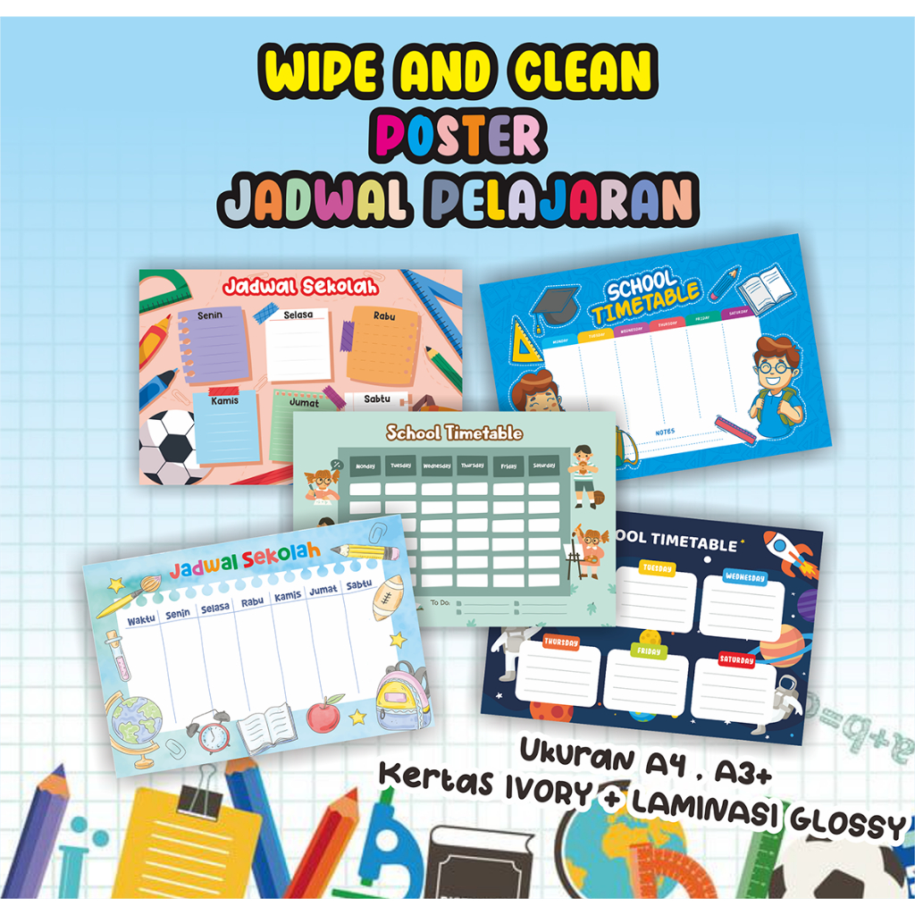 

WIPE AND CLEAN Poster Jadwal Pelajaran / Jadwal Sekolah / School Timetable / IVORY/ HANYA POSTER SAJA
