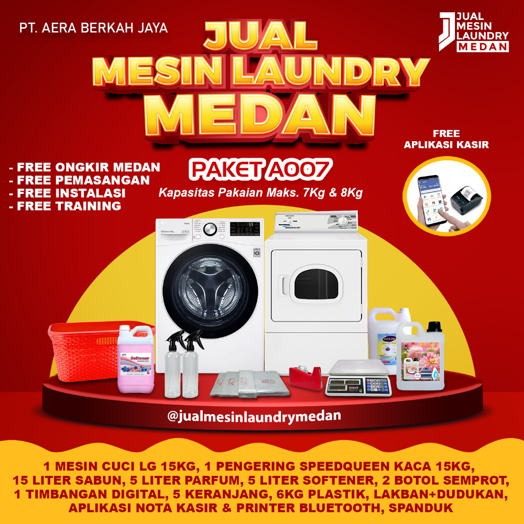 Paket Mesin Laundry Murah Pemula Mesin Cuci LG 15Kg + Pengering Speedqueen Kaca 14Kg A007