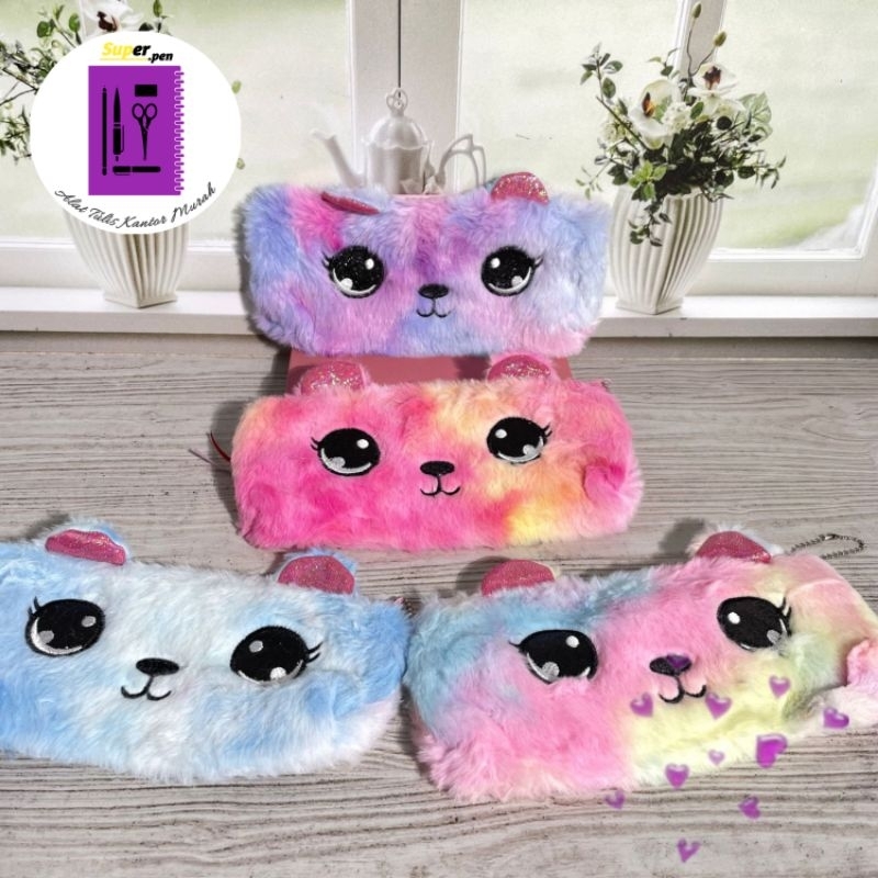 

kotak pensil bulu muka kucing mata wajah tepak tempat pencil case termurah bagus imut