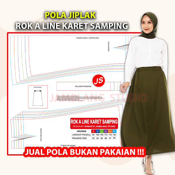 Pola Jiplak Rok A Line Karet Samping
