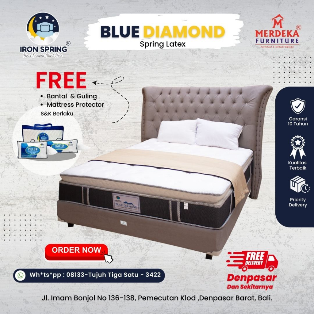 Kasur Iron Spring New Blue Diamond Spring Latex - Spring Bed 160x200 - Free Bantal -
