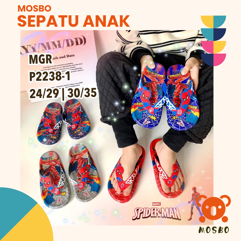 MOSBO Sendal Anak Cowok Import Sandal Jepit Rubber Motif Spiderman Side Size 27-35 Umur 2-8 Tahun