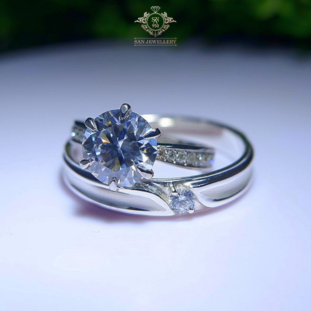 SAN950 Cincin Nikah Couple Emas Putih Original Ready All Size | Free Ukir Nama + Box Elegan C113